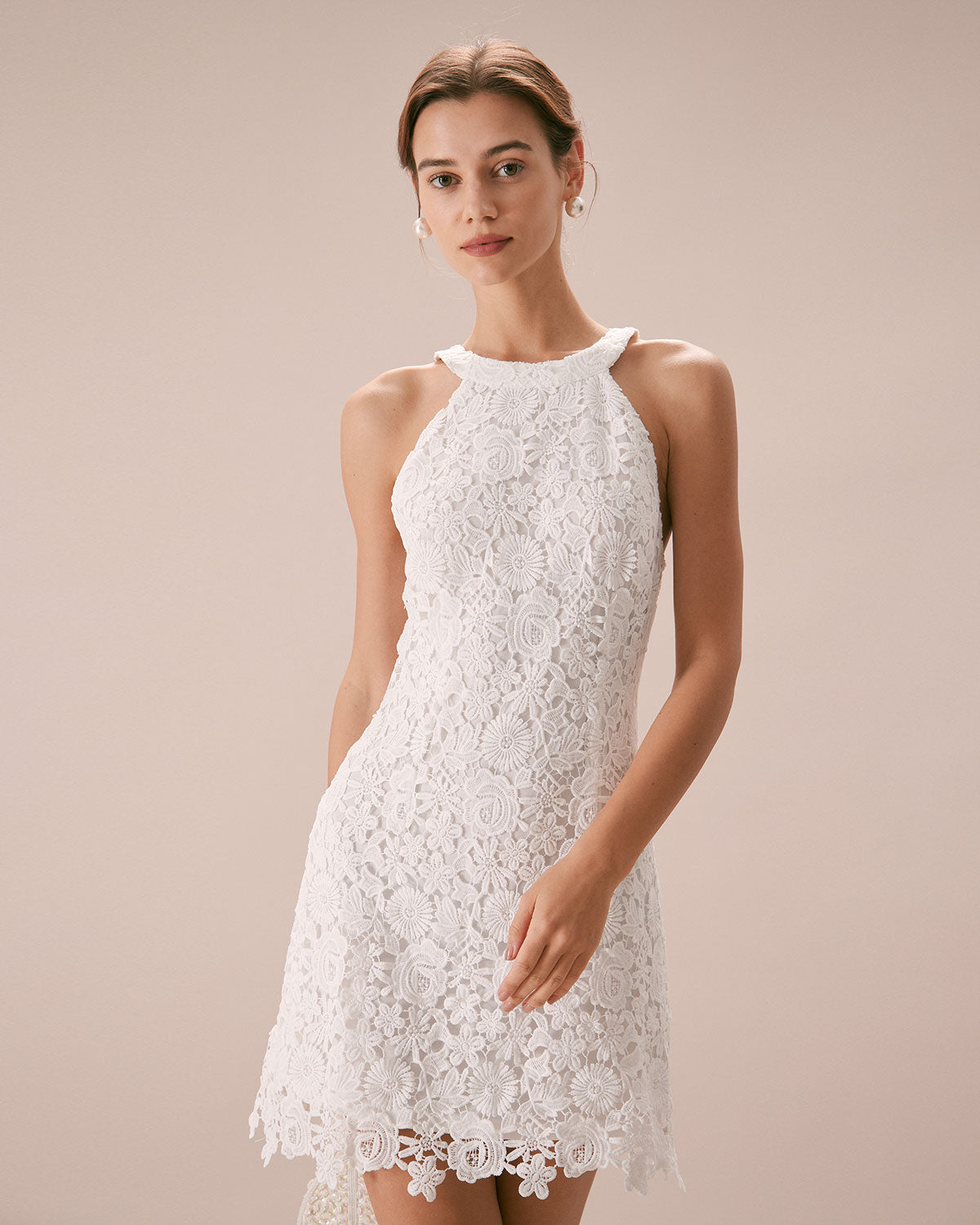 The White Halter Lace Sheath Mini Dress