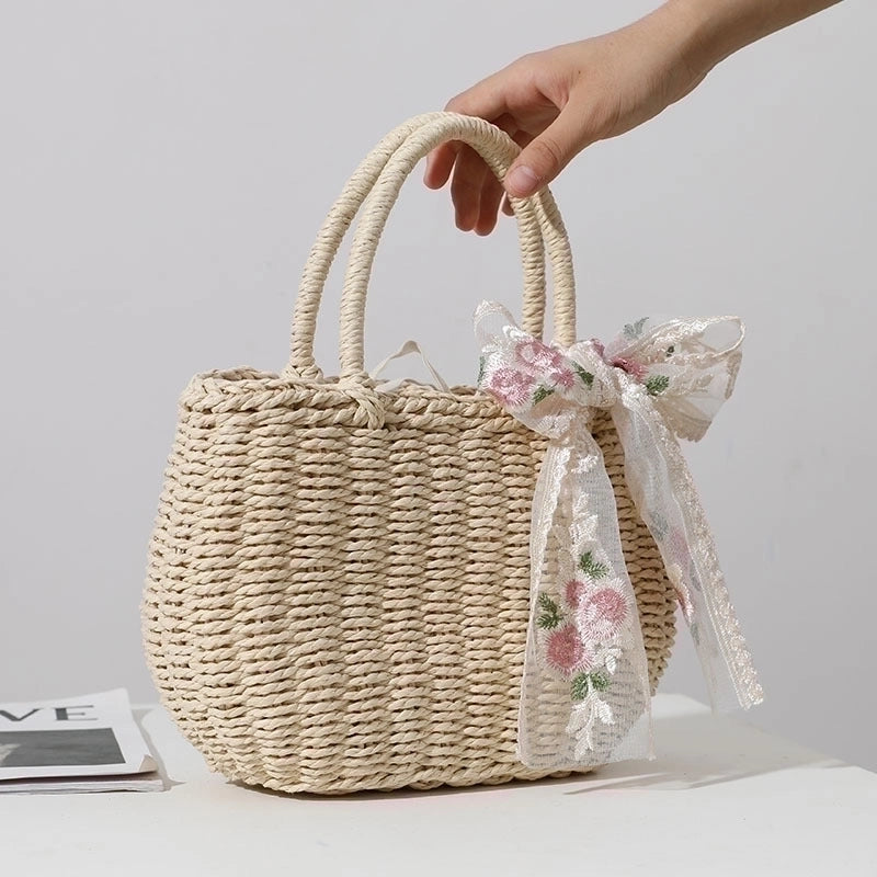 Women's Medium Straw Bow Knot Elegant Square String Straw Bag
