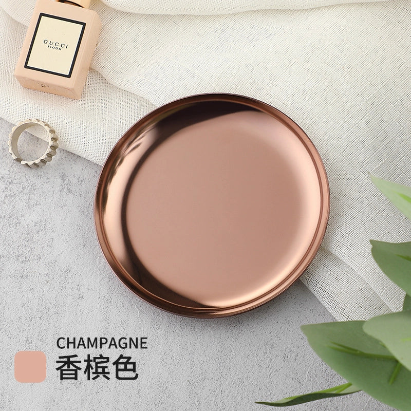 Luxury Metal Round Small Jewelry Tray Stainless Steel Storage Plate Dormitory Cosmetic Ornament Plate Decorative Item