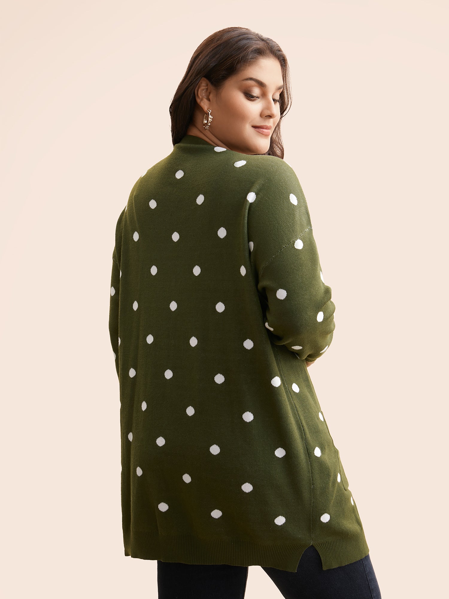 Polka Dot Kimono Collar Patch Pocket Cardigan