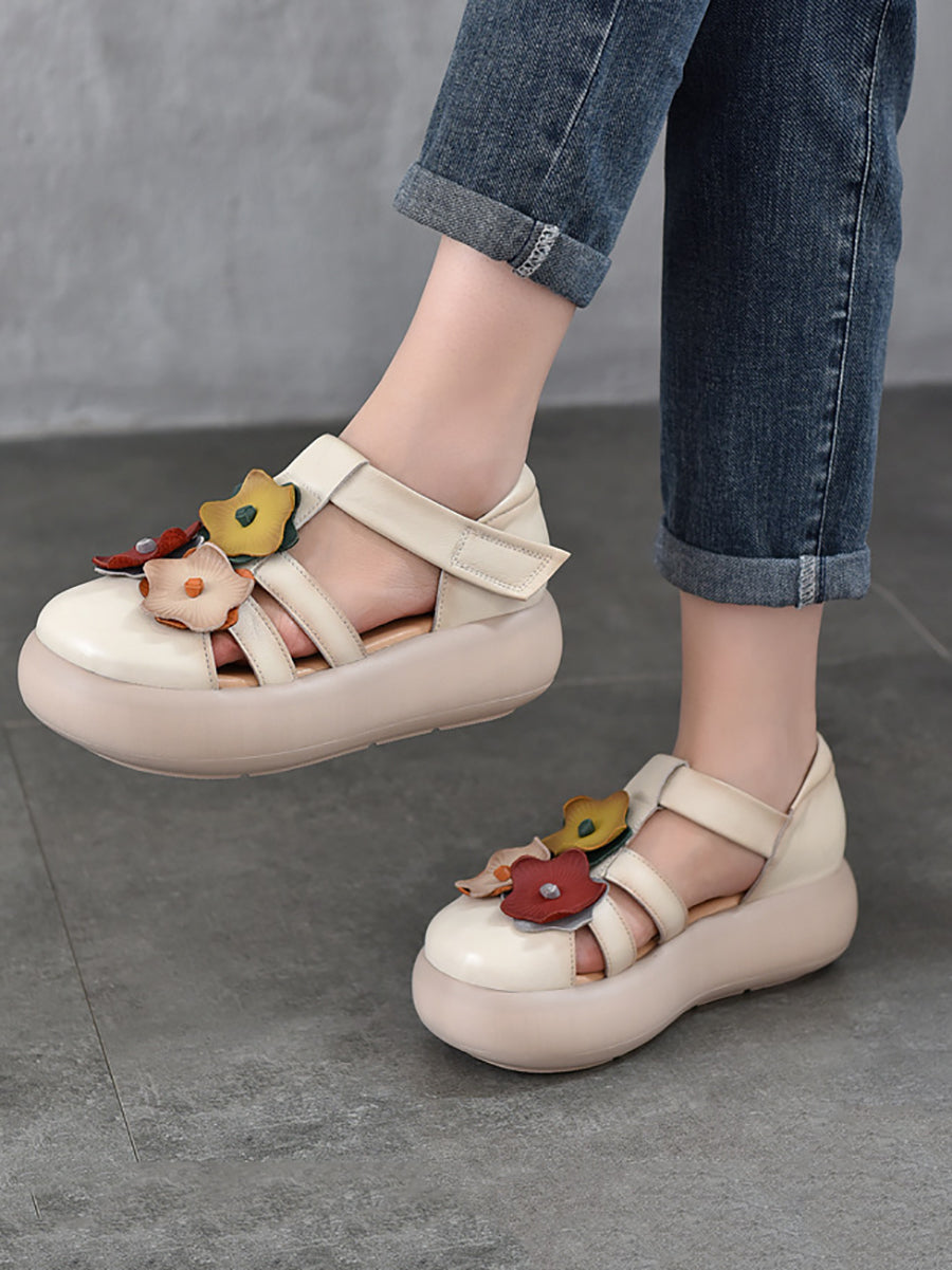 Women Summer Genuine Leather Flower Platform Sandals