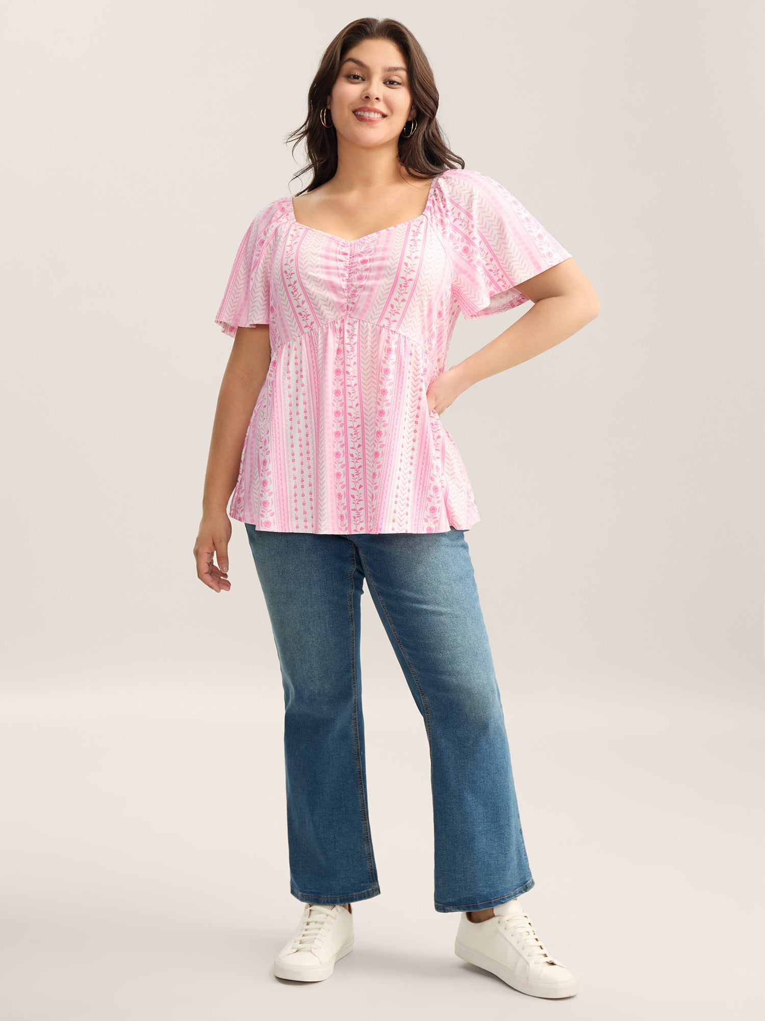 Floral Stripes Pleated Sweetheart Neck Top