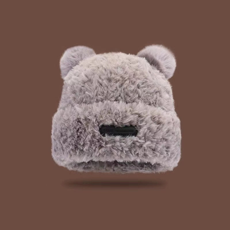 Cute Bear Fluffy Hat Winter New Women's Warm Thickened Ear Protection Hat Big Head Wai Knitted Wool Hat