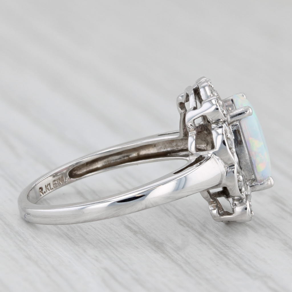 Lab Created Opal Diamond Halo Ring 10k White Gold Size 7.25 Oval Cabochon