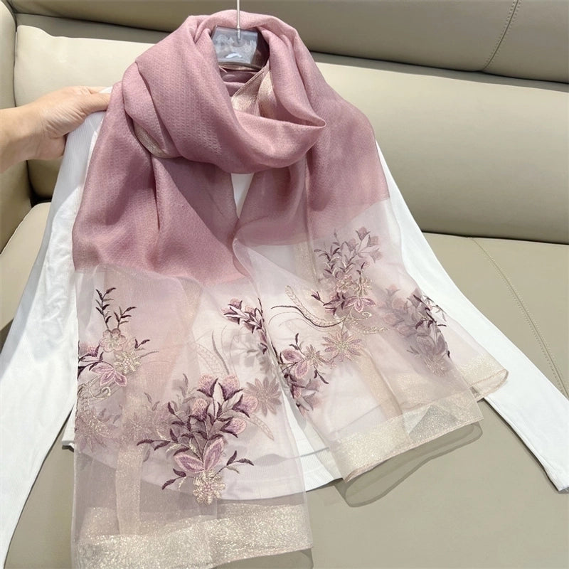 Women's Elegant Flower Polyester Embroidery Silk Scarf