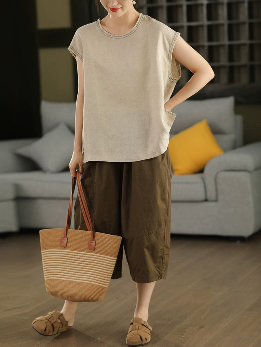 Women Summer Pure Color O-Neck 100%Hemp Shirt