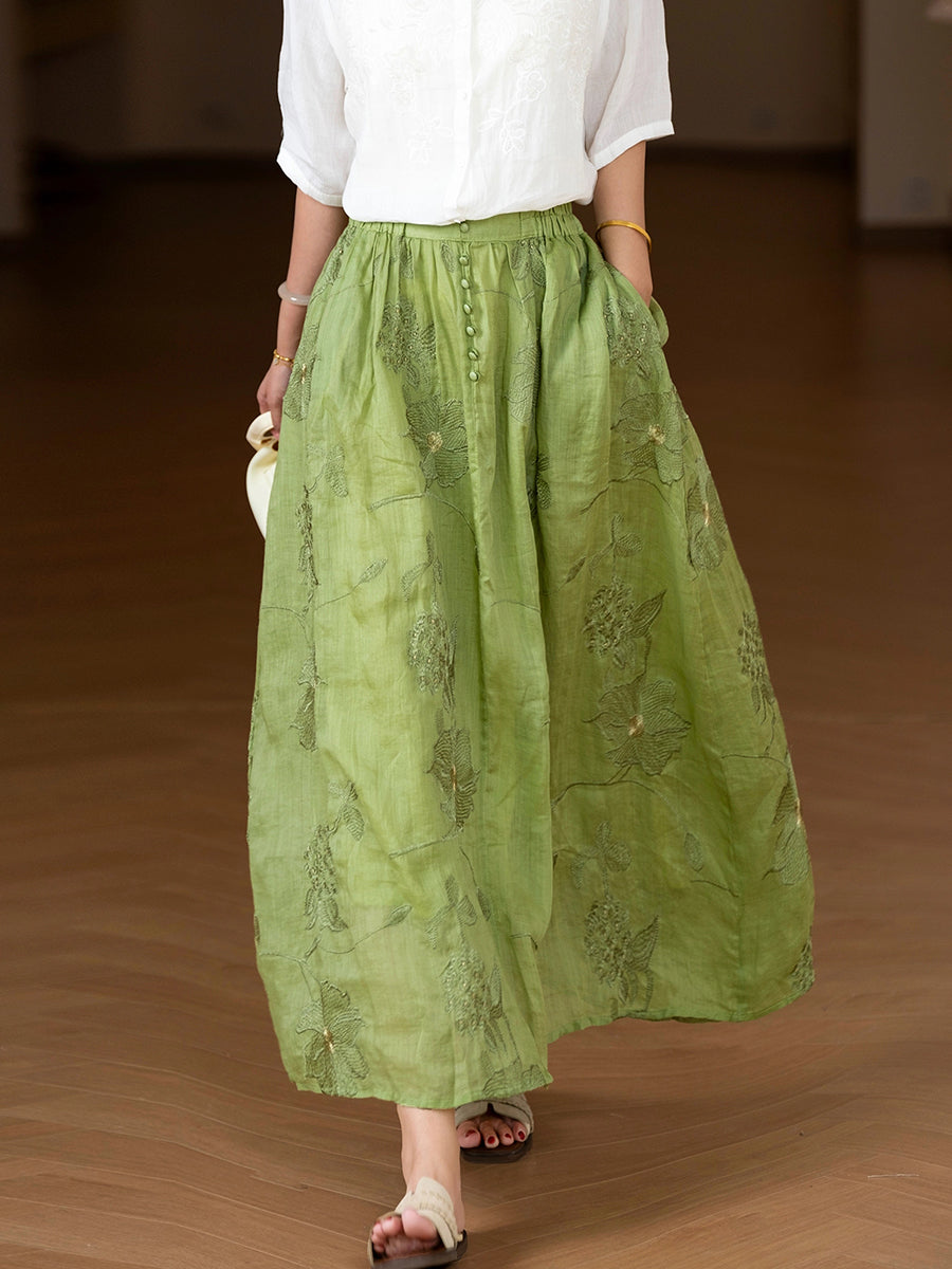 Women Summer Artsy Flower Embroidery 100%Ramie Skirt