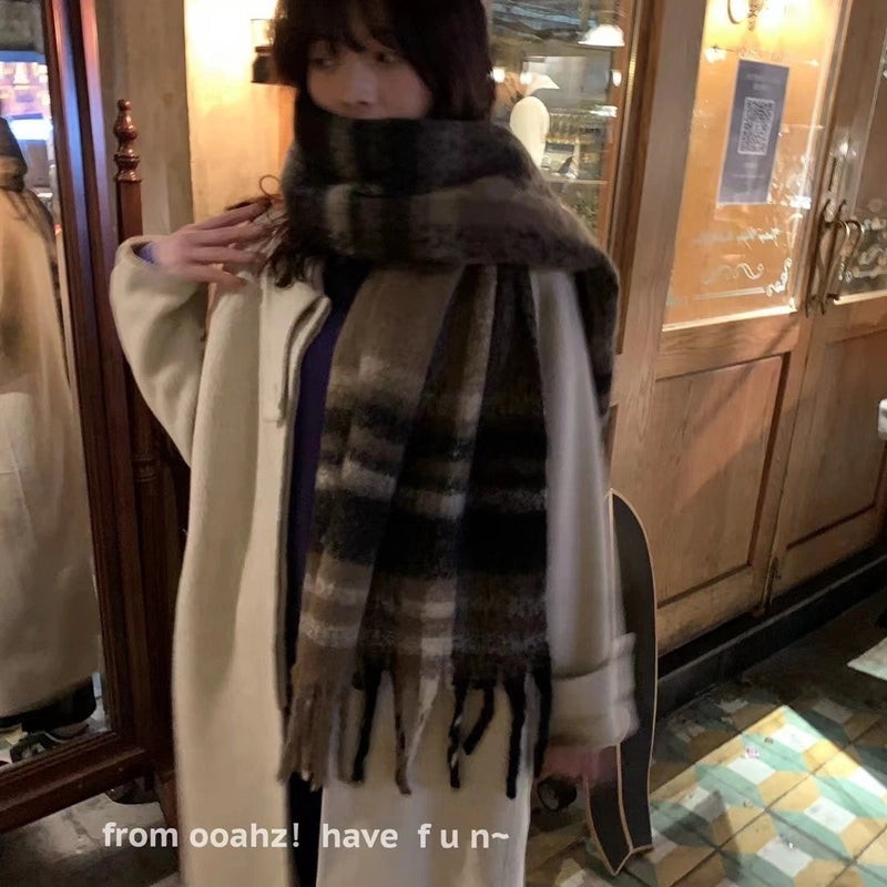 Autumn And Winter Thickened Scarf Women's  Rainbow Plaid Tassel Mohair Shawl Student Versatile Warm Scarf Fashion