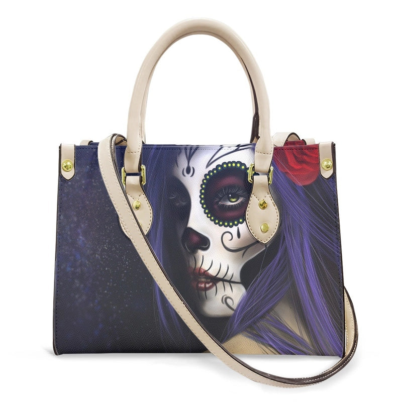 Halloween Women's Medium Pu Leather Human Floral Streetwear Square Hook Loop Customized Tote Bag
