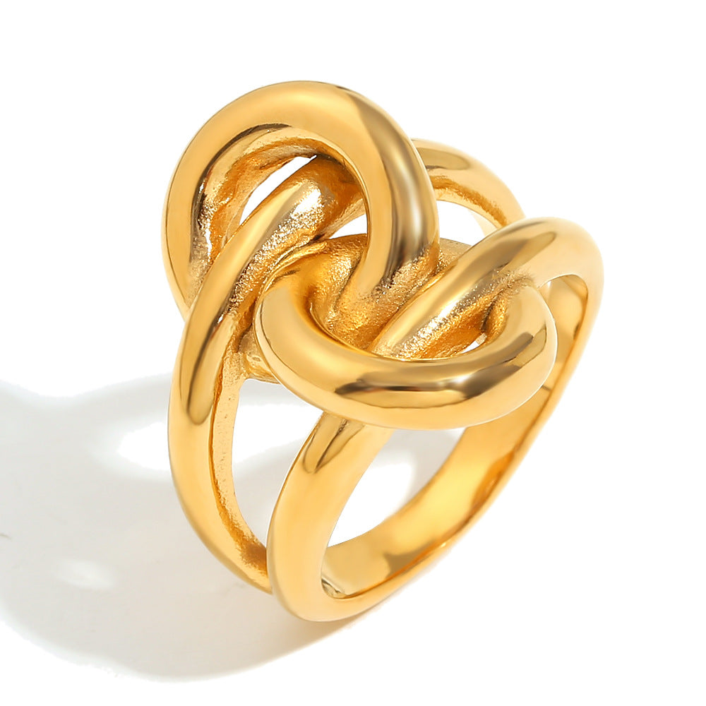 Niche Design White Diamond Flower Hand-Decorated Stainless Steel 18K Gold-Plated Conch Double-Layer Knotted Ring