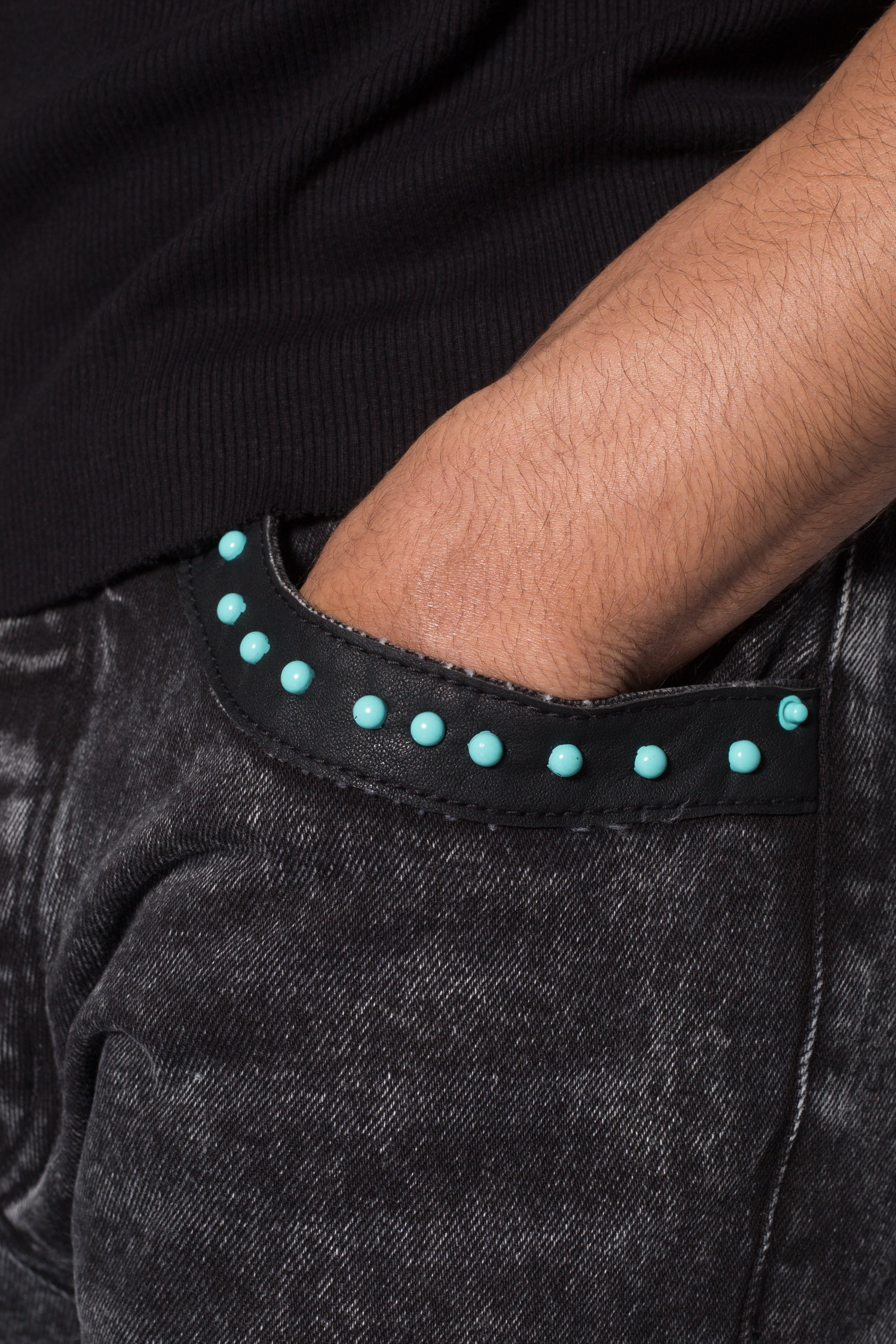 D701 Studded Turquoise Denim - Black