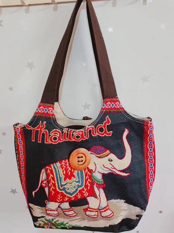 Women's Large Canvas Elephant Ethnic Style Square Zipper Shoulder Bag