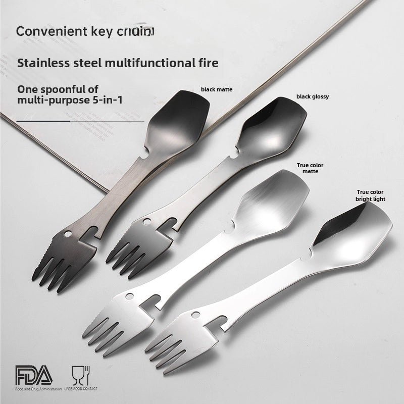 Stainless Steel Multi-purpose Knife. Fork And Spoon Bottle Opener Canned Open 5 In 1 Spoon Fork Outdoor Camping Portable Tableware