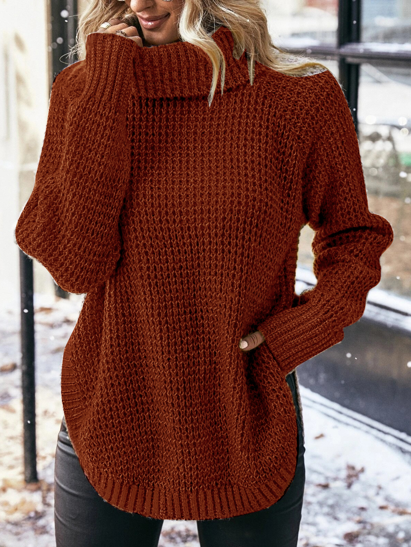 Turtleneck Drop Shoulder Cotton Knit Sweater