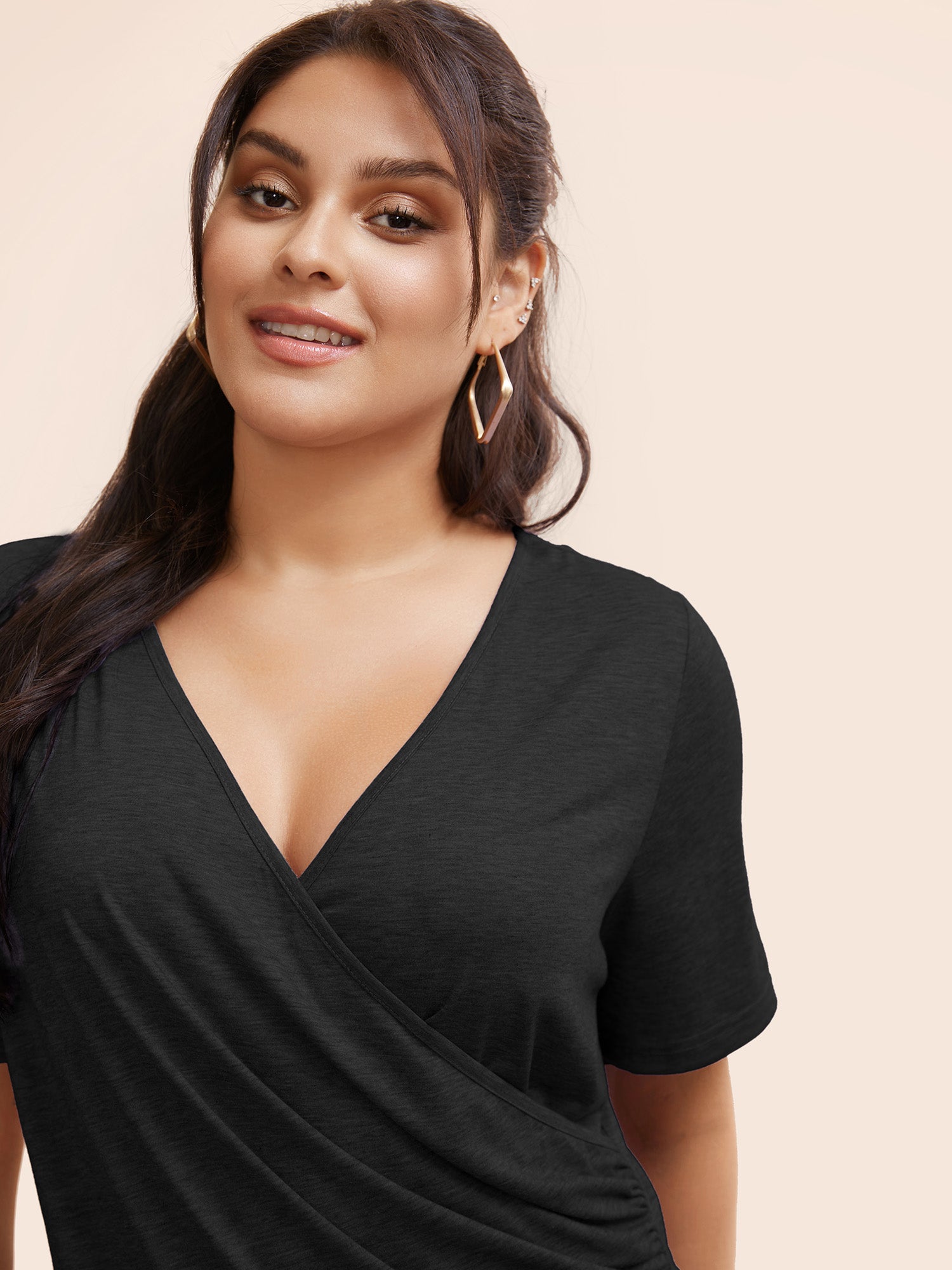 Solid Heather Overlap Collar Gathered T-shirt