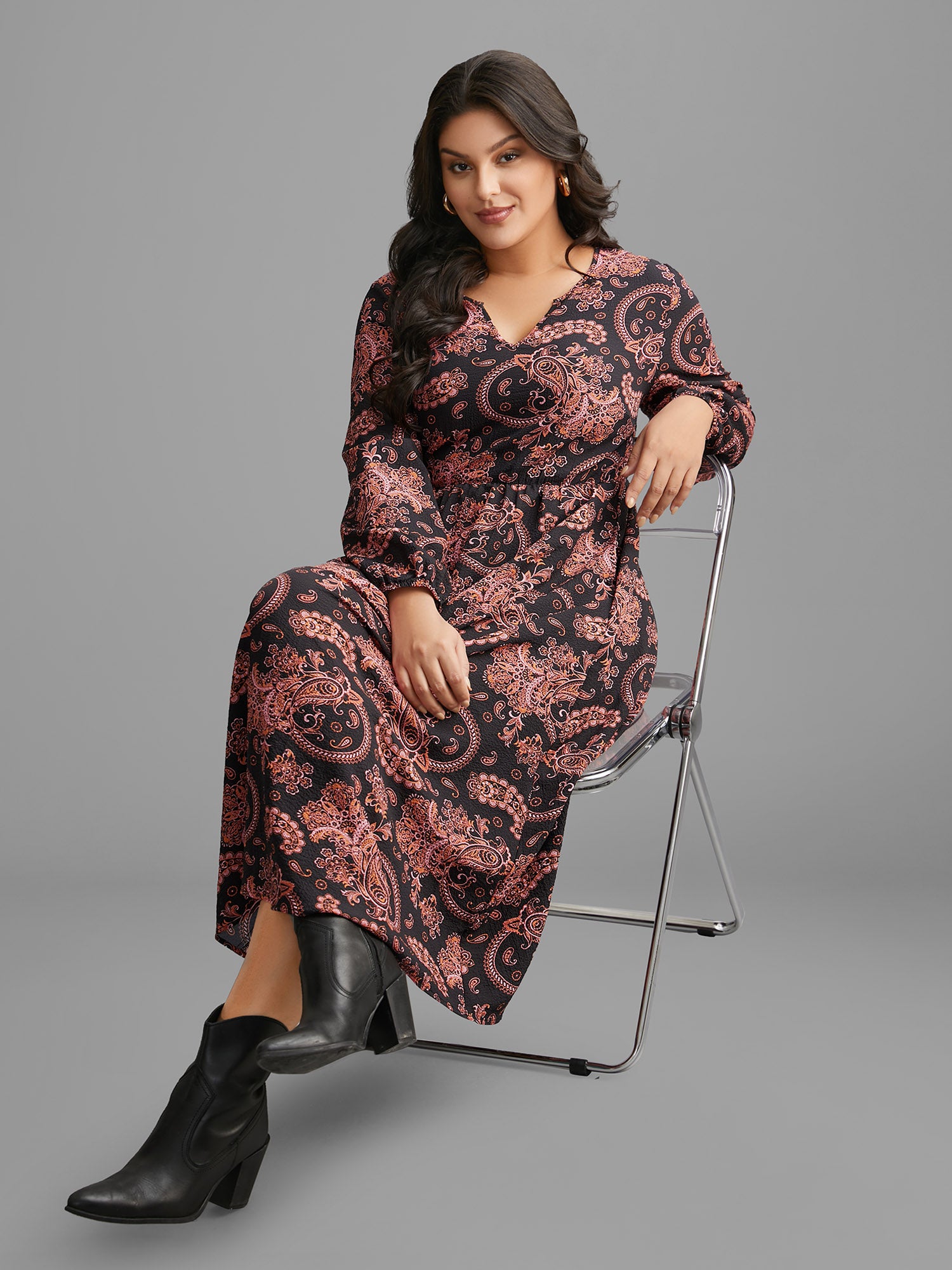 Boho Print Notched Collar Lantern Sleeve Dress