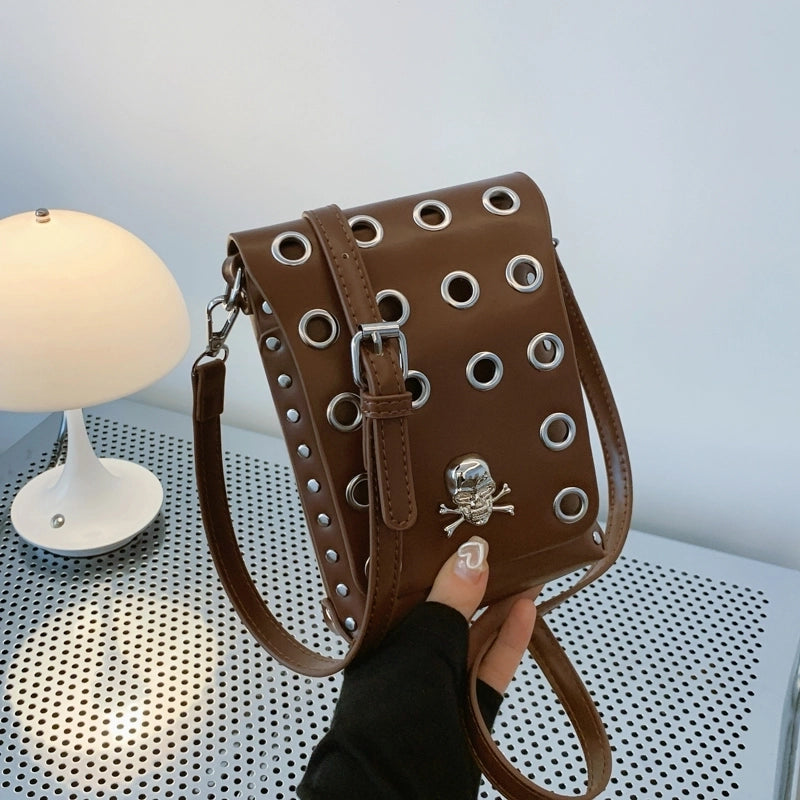 Crossbody Bag Style Punk Flap Small Square Bag Dark Style Skull Belt Waist Bag