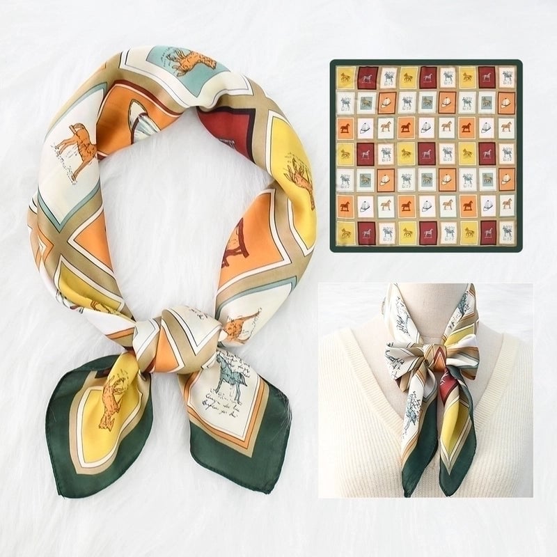 2 Pieces Women's Elegant Plaid Flower Horse Satin Silk Scarf