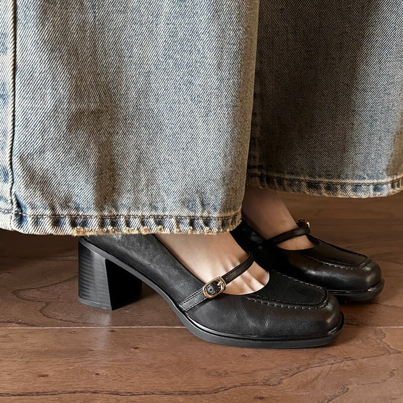 Women's Genuine Leather Mary Jane Pumps 65mm Block Heel in Brown/Black