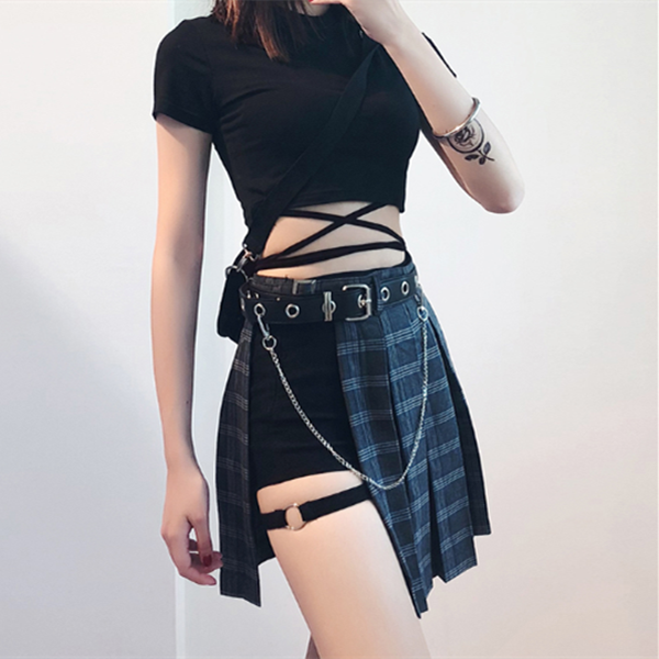 Hip Hop Irregular Stitching Plaid Skirt KF50514