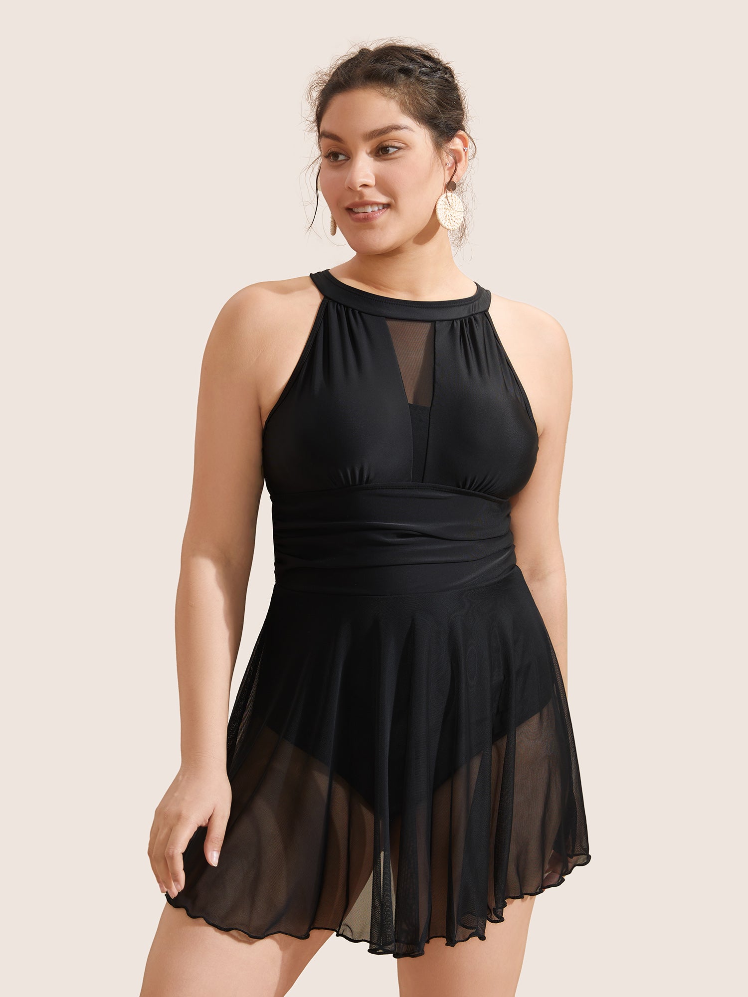 Knotted Back Mesh Insert Halter Swim Dress