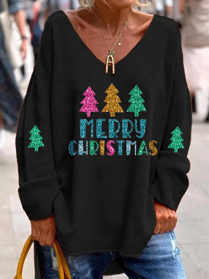 Women's Sequined Christmas Tree Print Long Sleeve T-Shirt