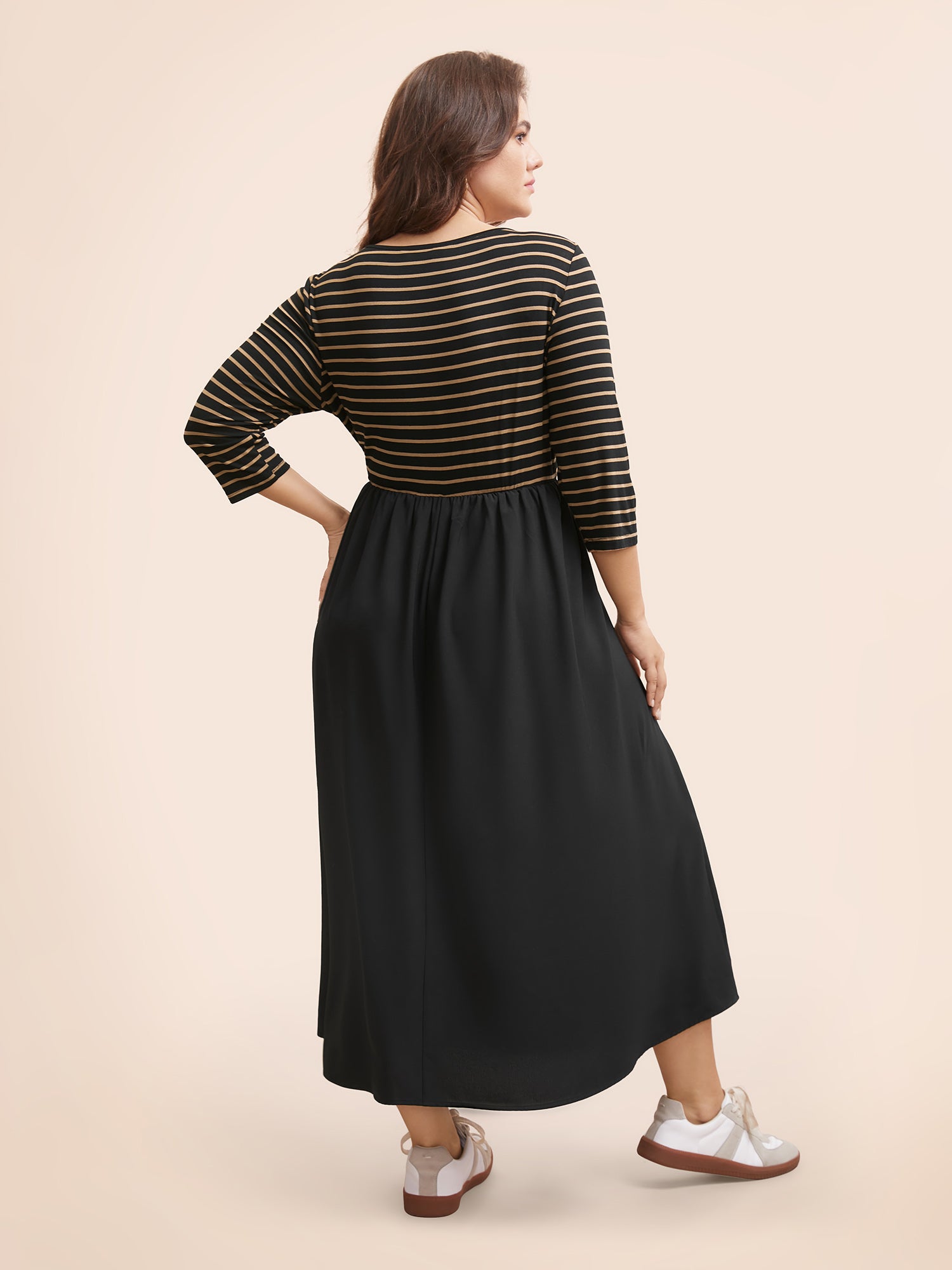 Square Neck Striped Patchwork Midi Dress
