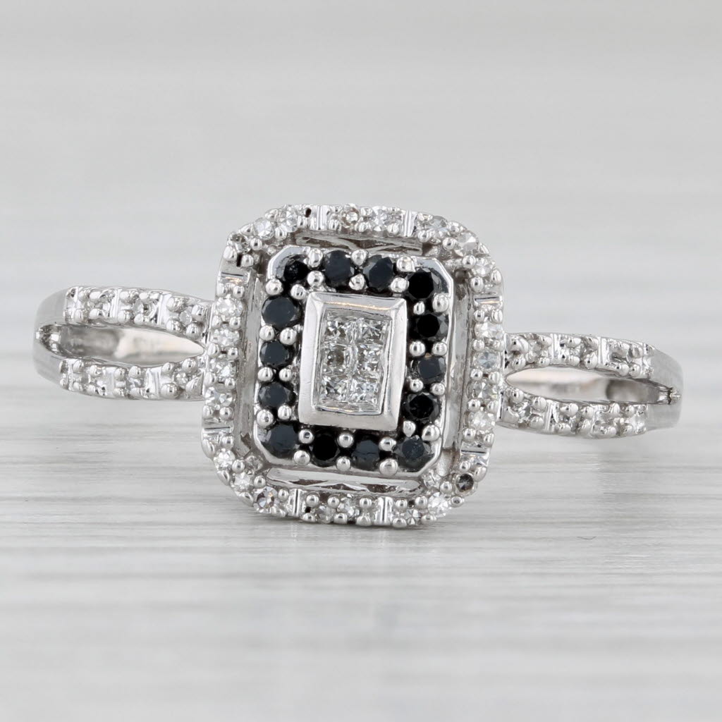 0.23ctw Black White Diamond Halo Engagement Ring 10k White Gold Size 8.75