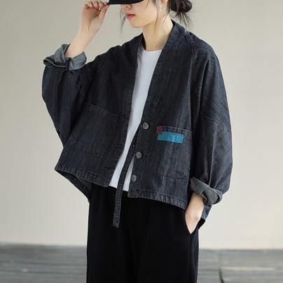 Women Denim Black Coats V Neck Button Down Spring Coats