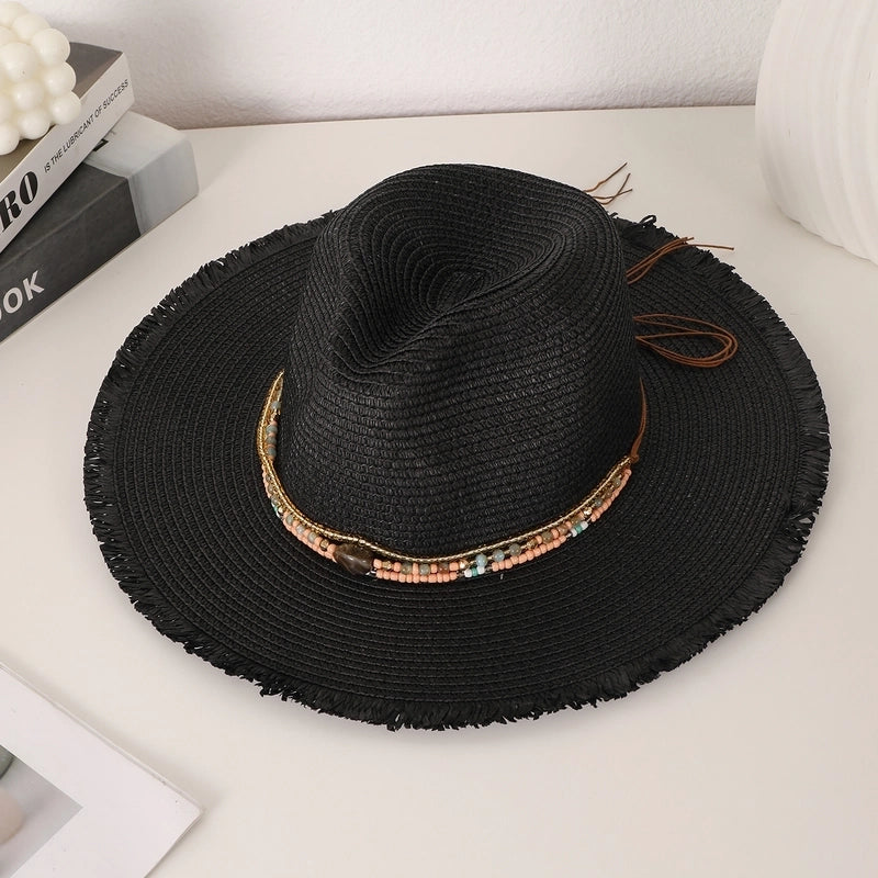 Women's Vacation Beach Solid Color Beaded Straps Wide Eaves Straw Hat
