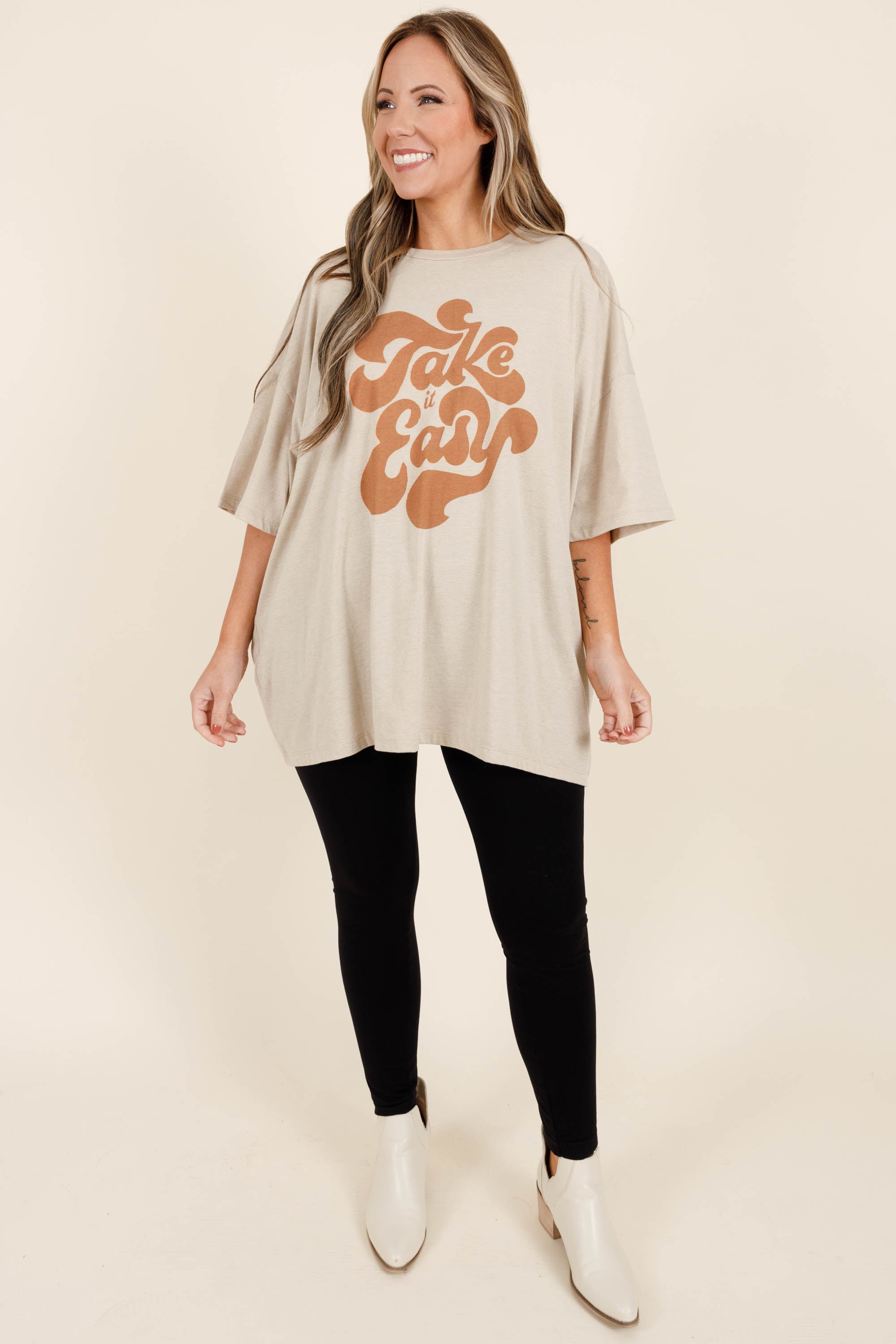 Take It Easy Boyfriend Tee. Heather Beige