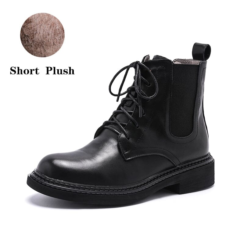 Handmade Martin Boots Women Leather Lace-Up Oxfords Round Toe Chunky Ankle Booties