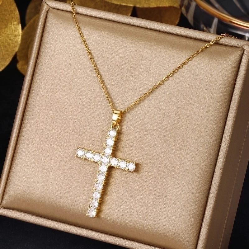 2 Pieces Ethnic Style Cross Stainless Steel Inlay Zircon Pendant Necklace