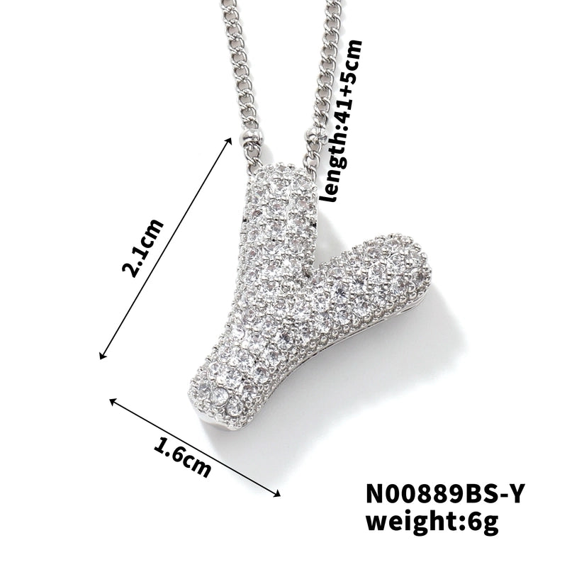 304 Stainless Steel Copper Rhodium Plated Three-dimensional Inlay Letter Zircon Pendant Necklace