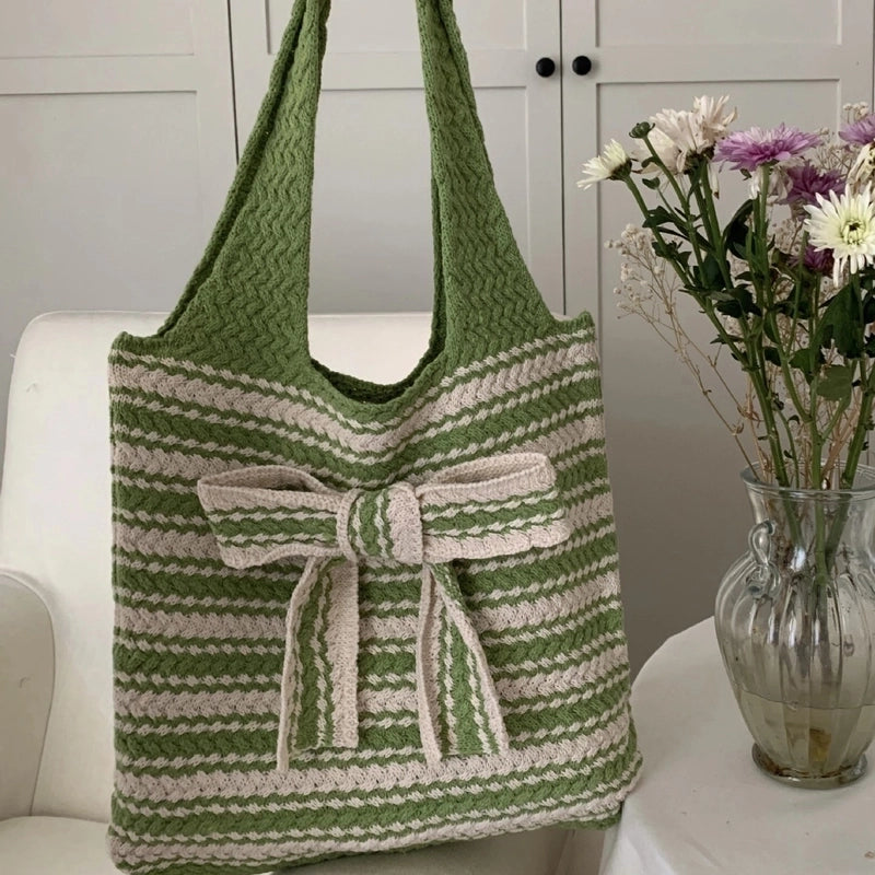 Women's Medium Polyester Stripe Bow Knot Vintage Style Weave Open Shoulder Bag