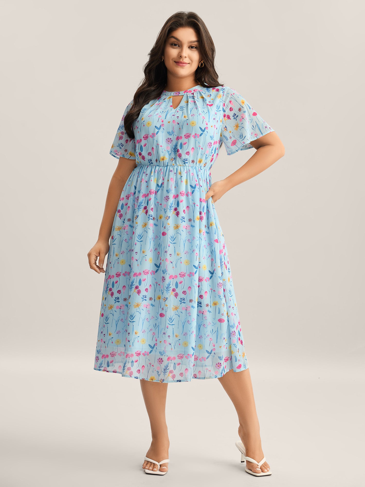 Garden Print Stretchy Sheer Midi Dress