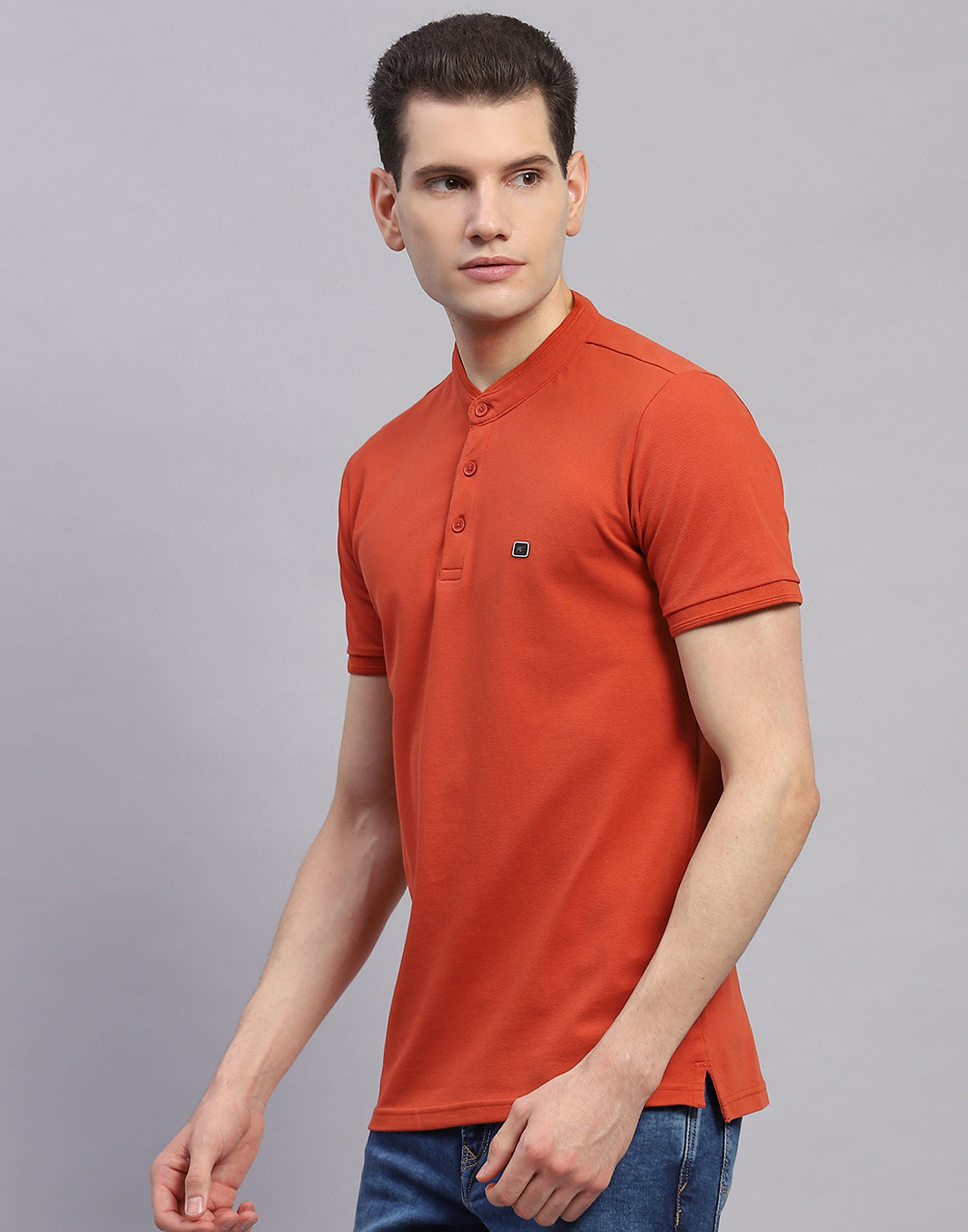 Men Orange Solid Band Collar Half Sleeve T-Shirt