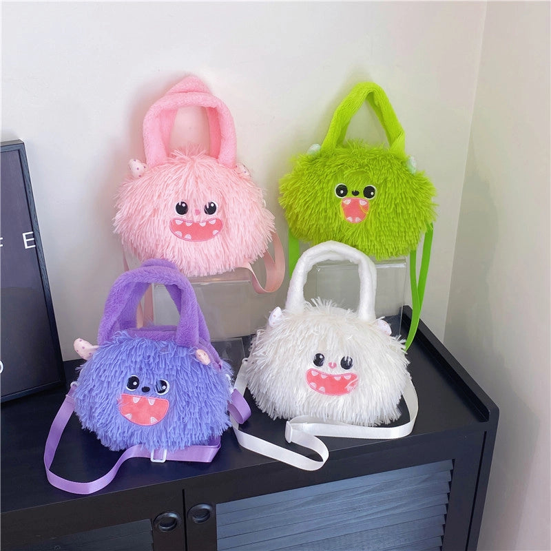 Women's Plush Solid Color Cute Bucket Zipper Handbag