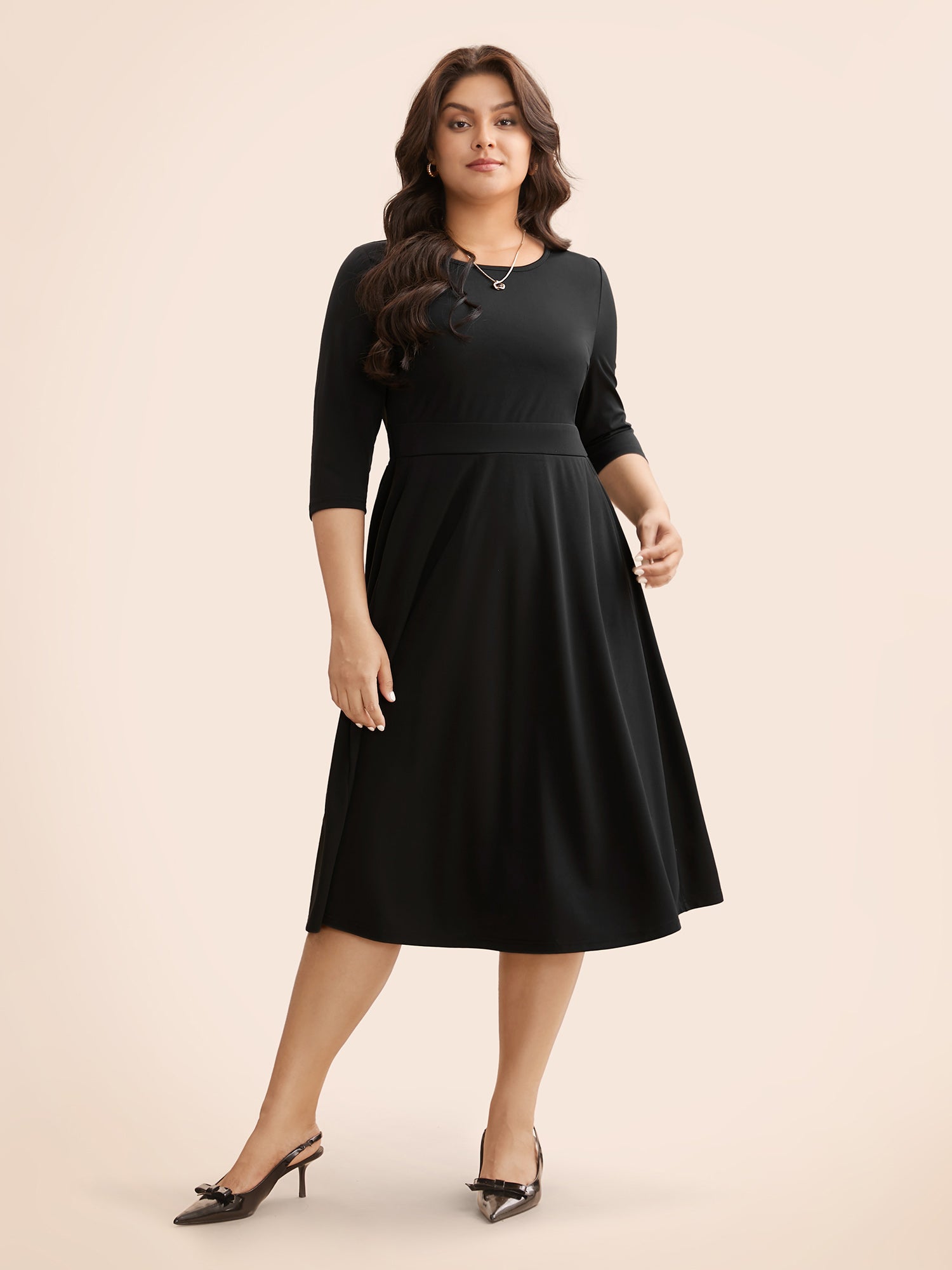 Solid Round Neck Shirred Midi Dress