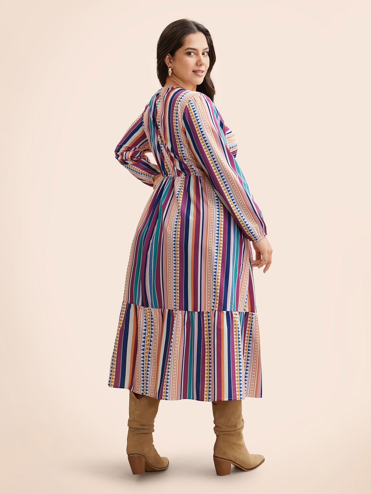 Contrast Striped Shirred Ruffle Hem Dress