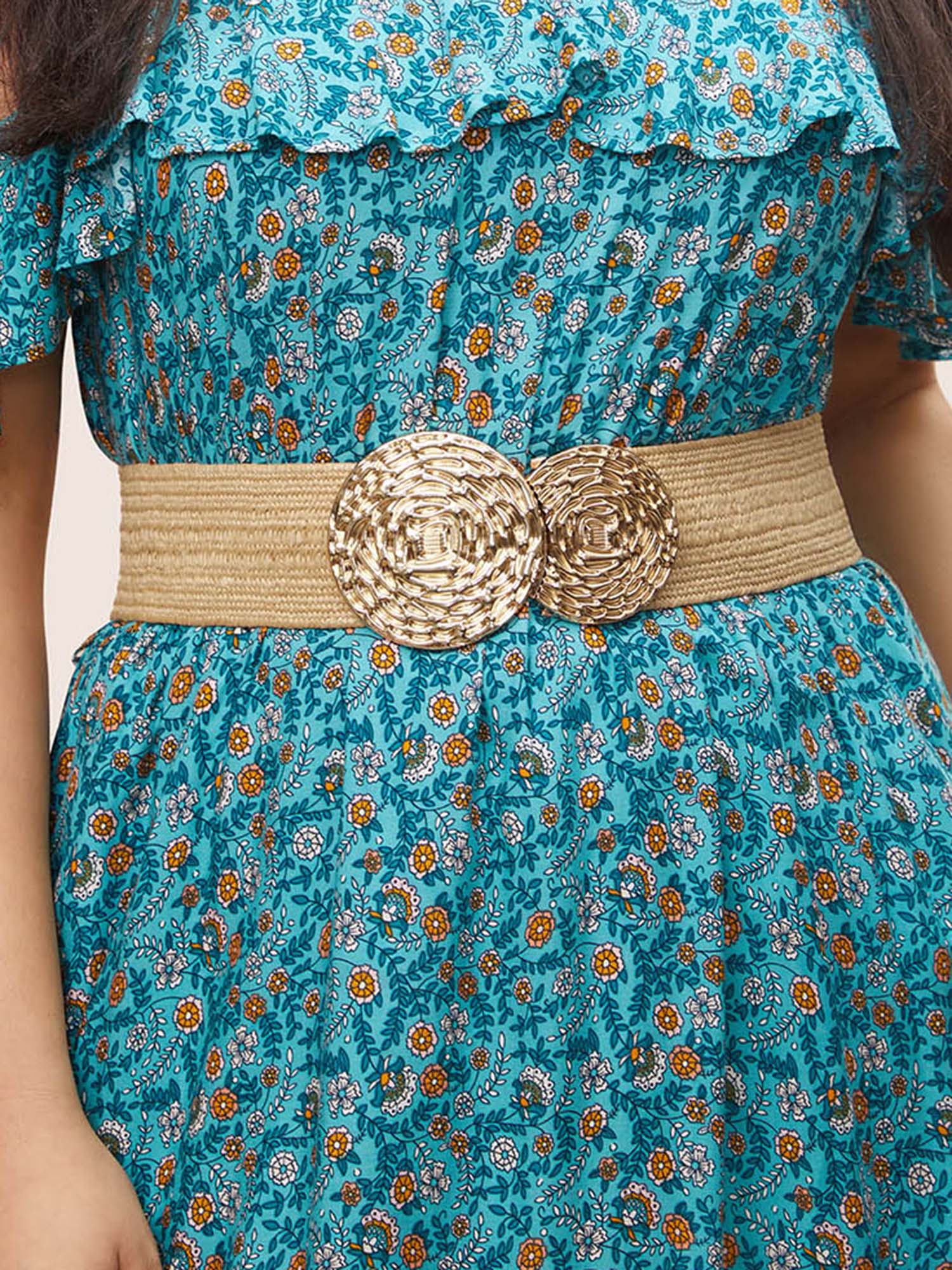 Geometric Metal Buckle Detail Elastic Weave Belt