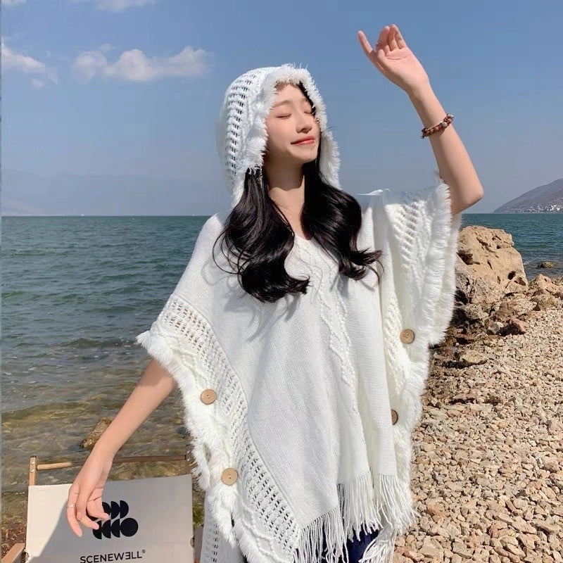 Travel Outside Knitted Shawl Ethnic Style Vintage Cape Cloak Tassel Scarf For Vacation Wear