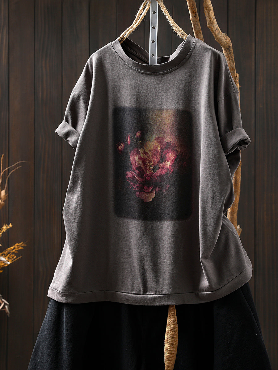 Women Summer Artsy Flower Print Cotton Shirt