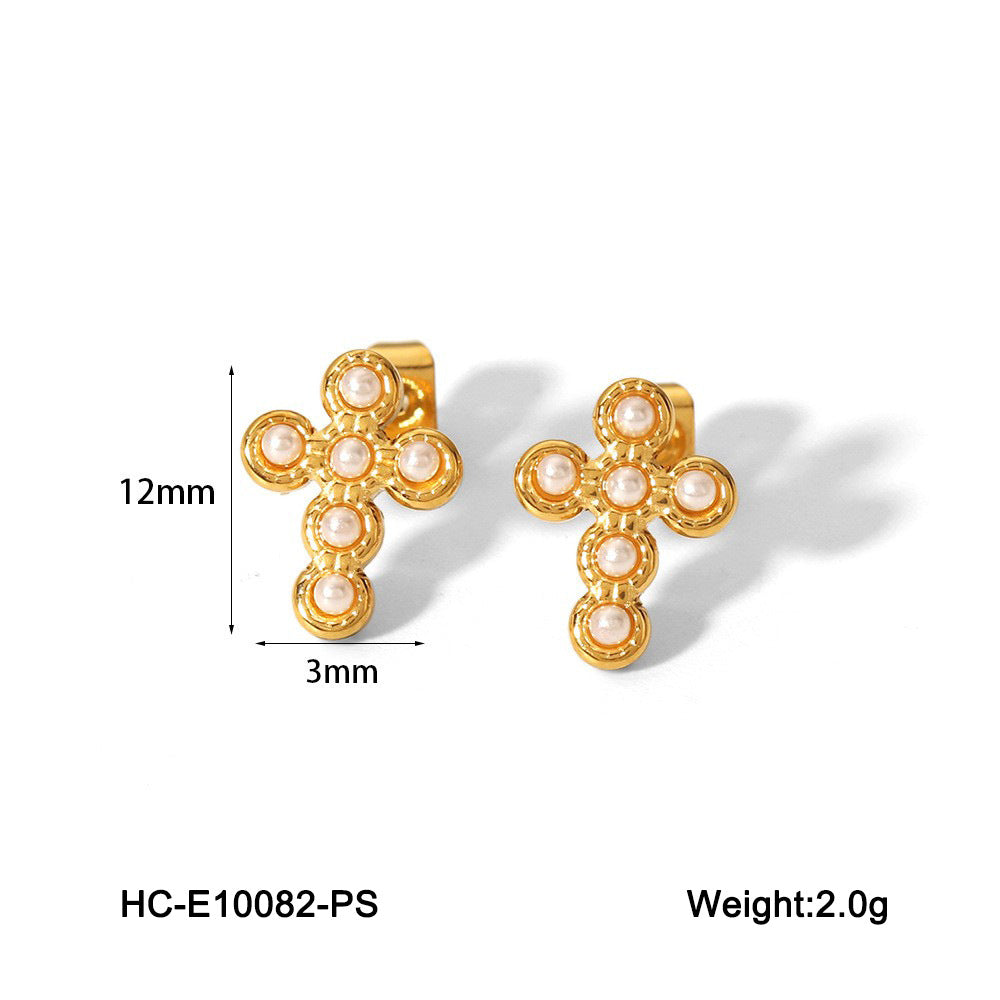IG Style Cross Geometric Stainless Steel Pearl Inlay Earrings