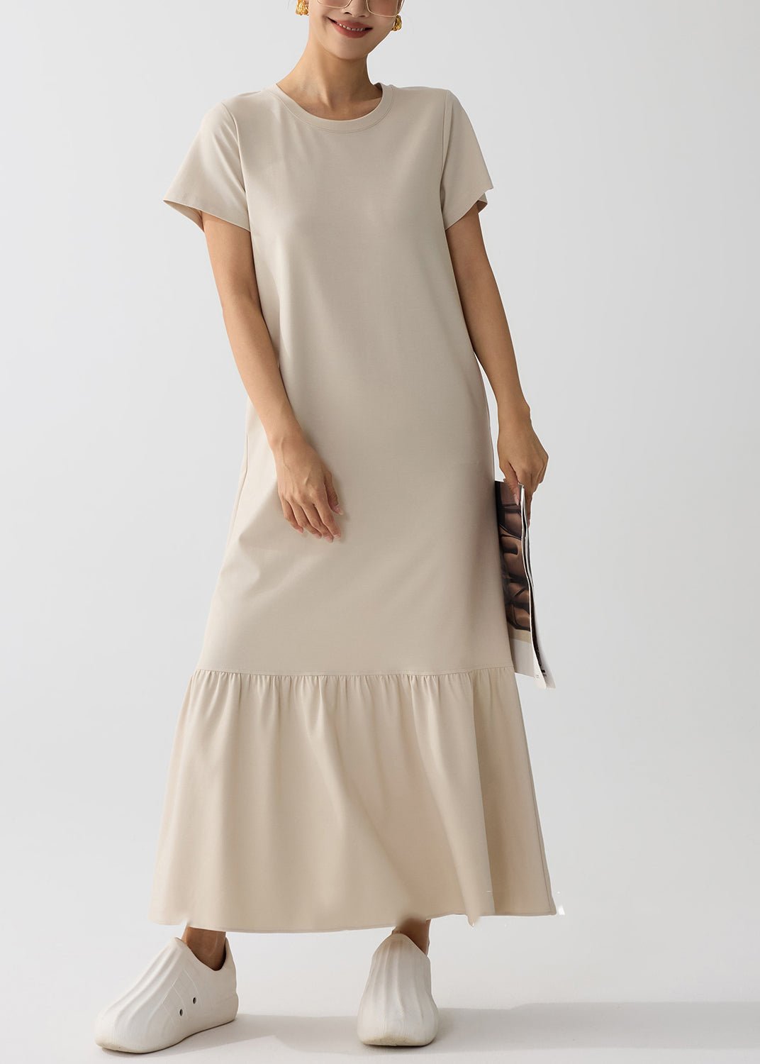 Women Apricot O-Neck Patchwork Cotton Holiday Dress Summer