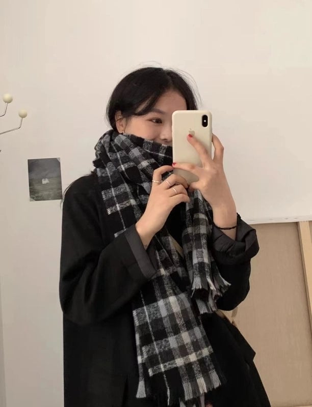 Plaid Tassel Mohair Scarf Women's Spring Students Travel Fashionable Sticker Casual Scarf