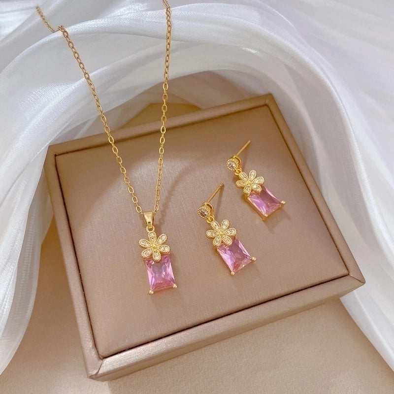 Copper Minimalist Plating Inlay Rhombus Bow Knot Zircon Jewelry Set