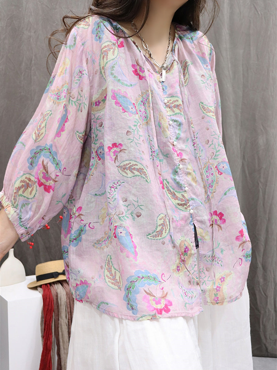 Women Summer Vintage Flower Hooded Ramie Shirt