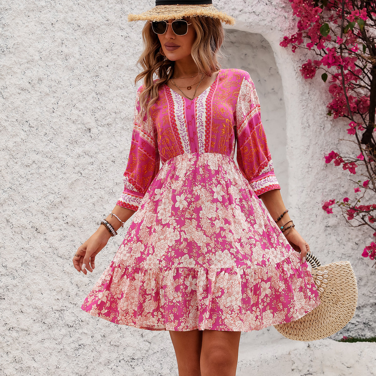 Bohemia Print V Neck Casual Mini Dress