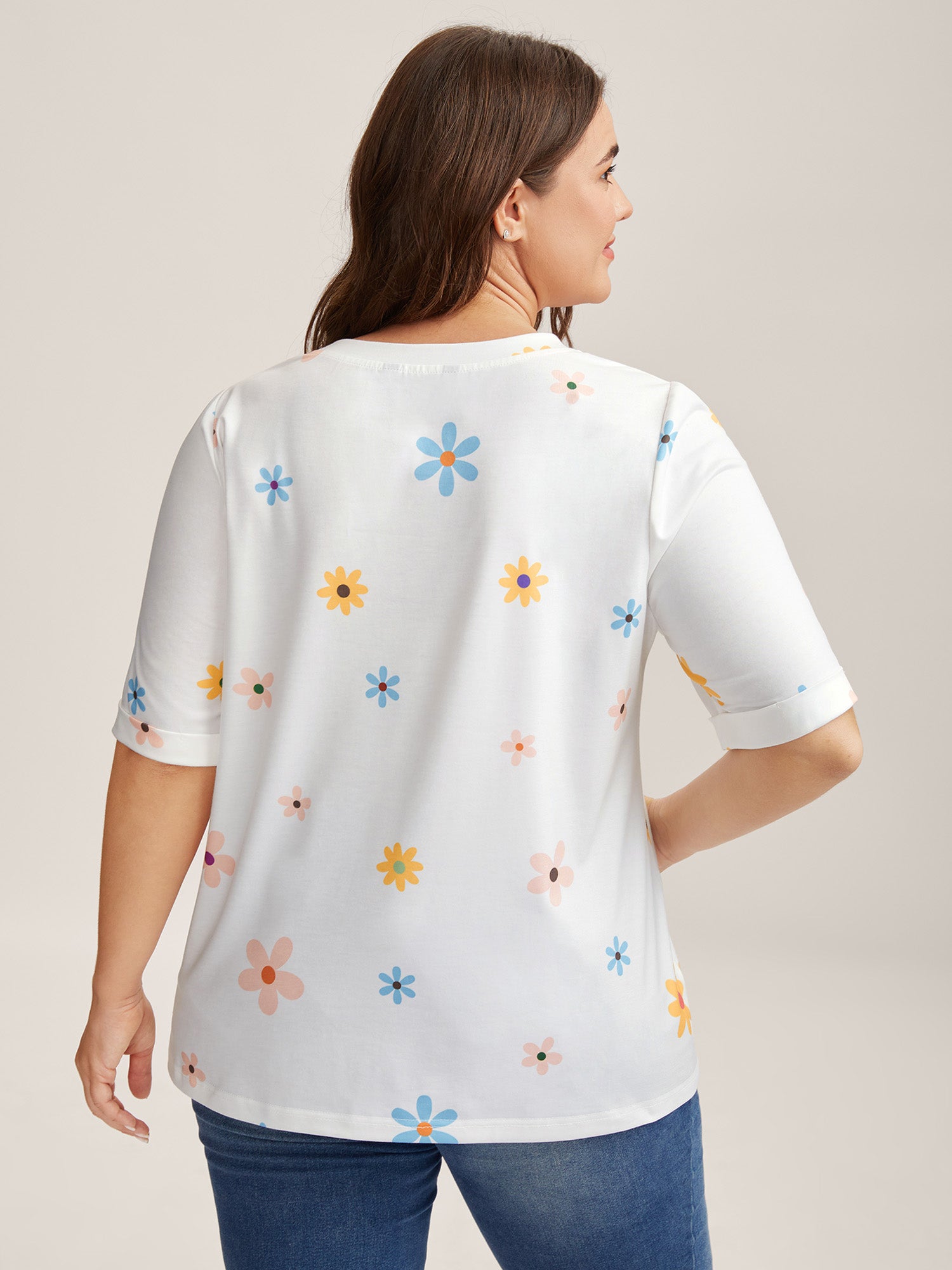 Stretchy Floral Print Round Neck T-Shirt